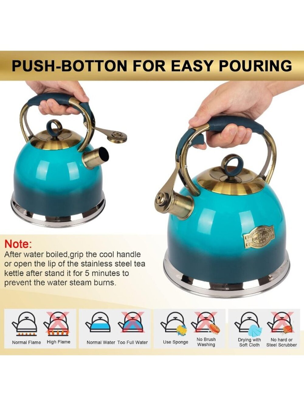 Blue Kitchen Whistling Tea Kettle 3.0 Quart Stainless Steel Stovetop Tea Pot - Picture 5 of 6